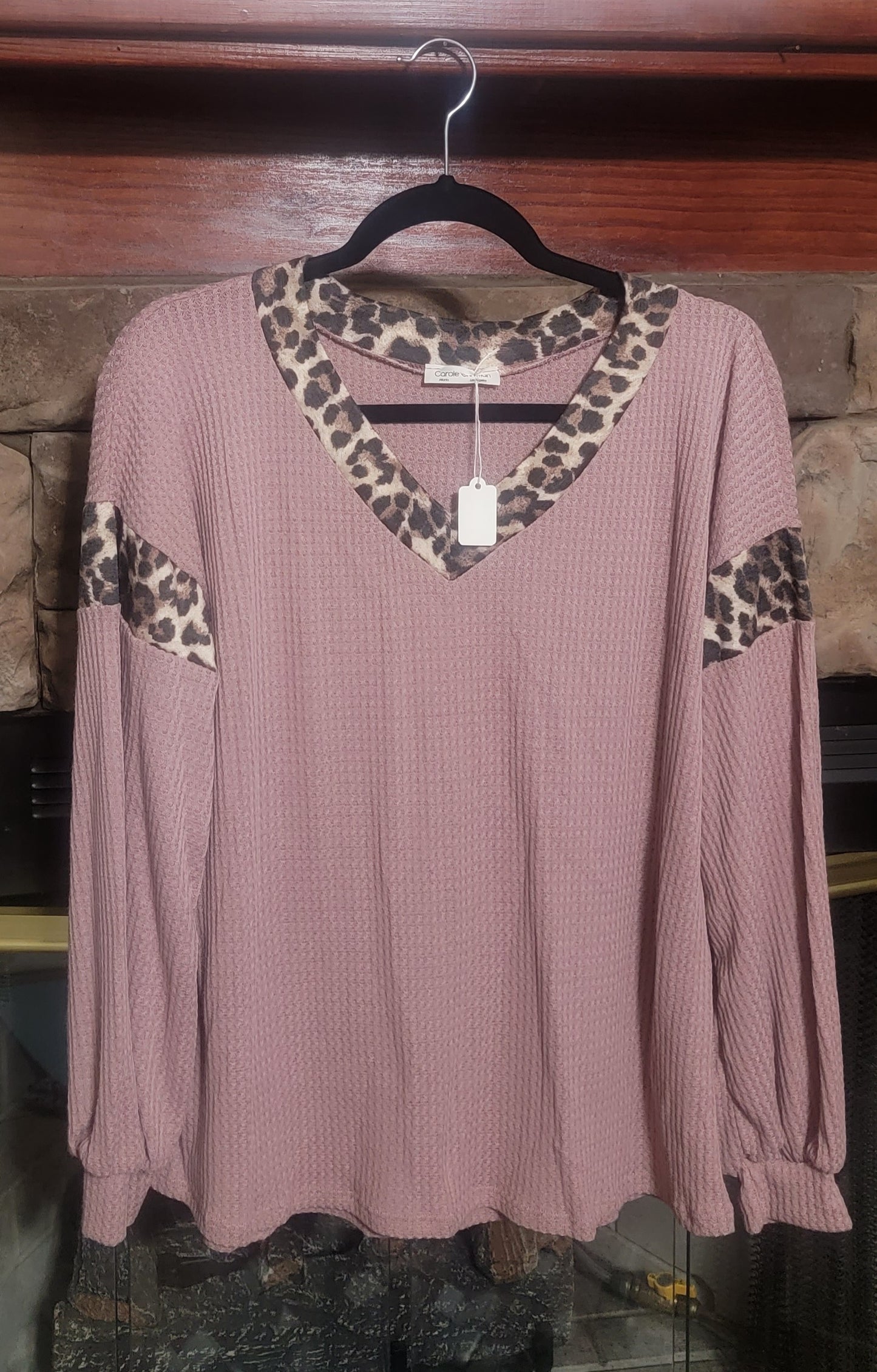 Long Sleeve Waffle Shirt with Leopard Accent
