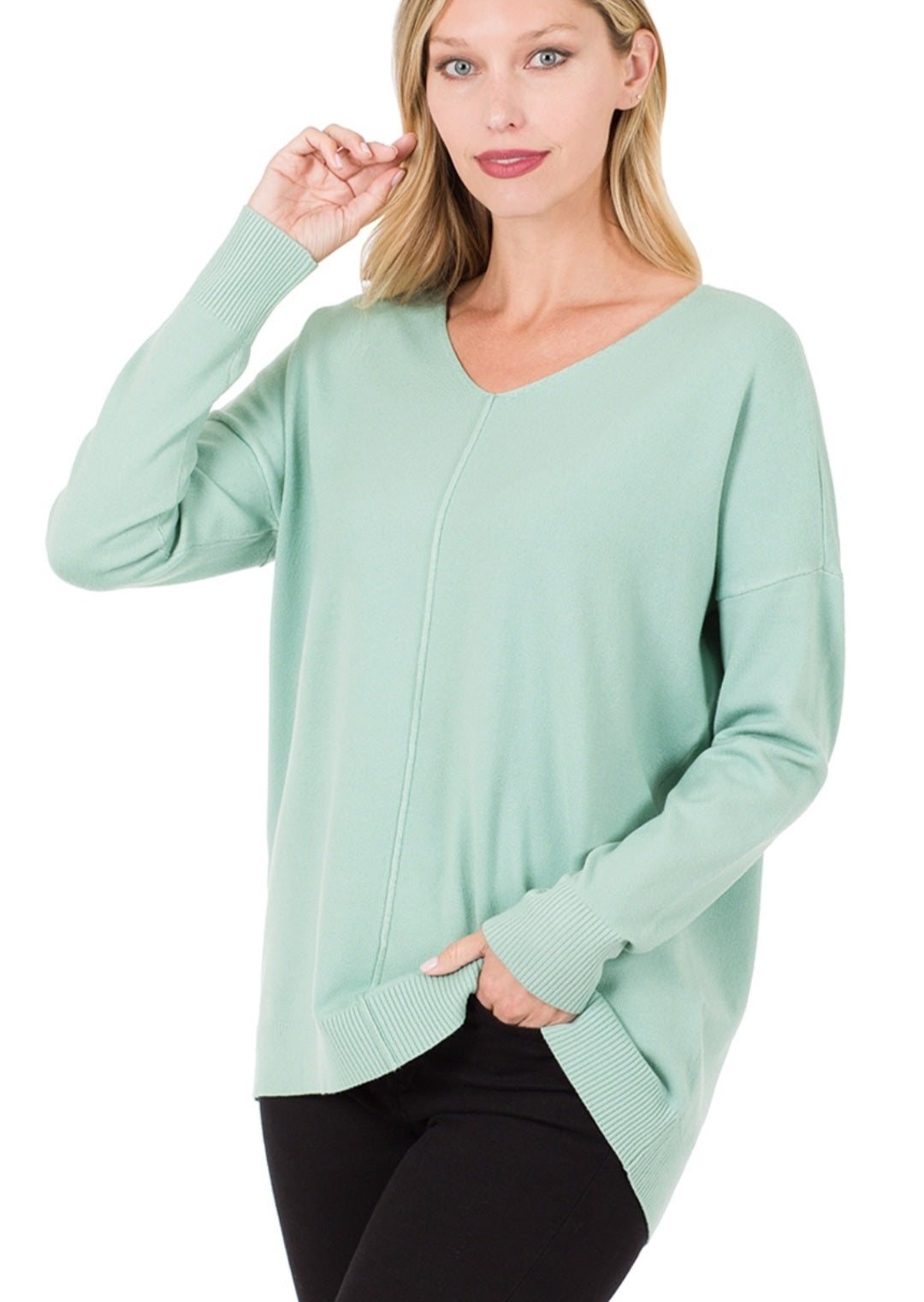 Hi-Low Long Sleeve Front Seam Sweater