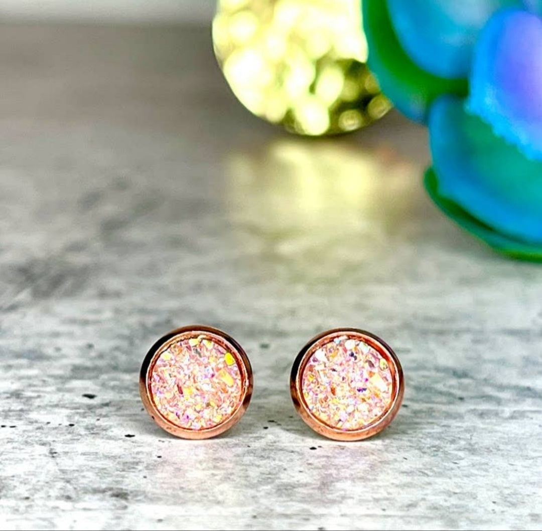 Clear Pink Druzy Earrings