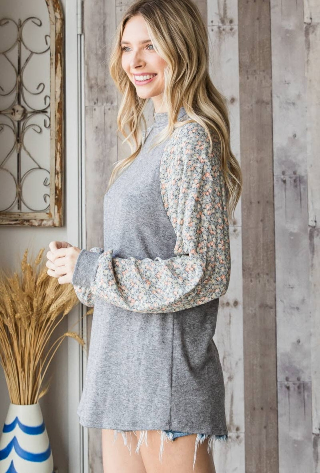 Soft knit contrast sleeve top