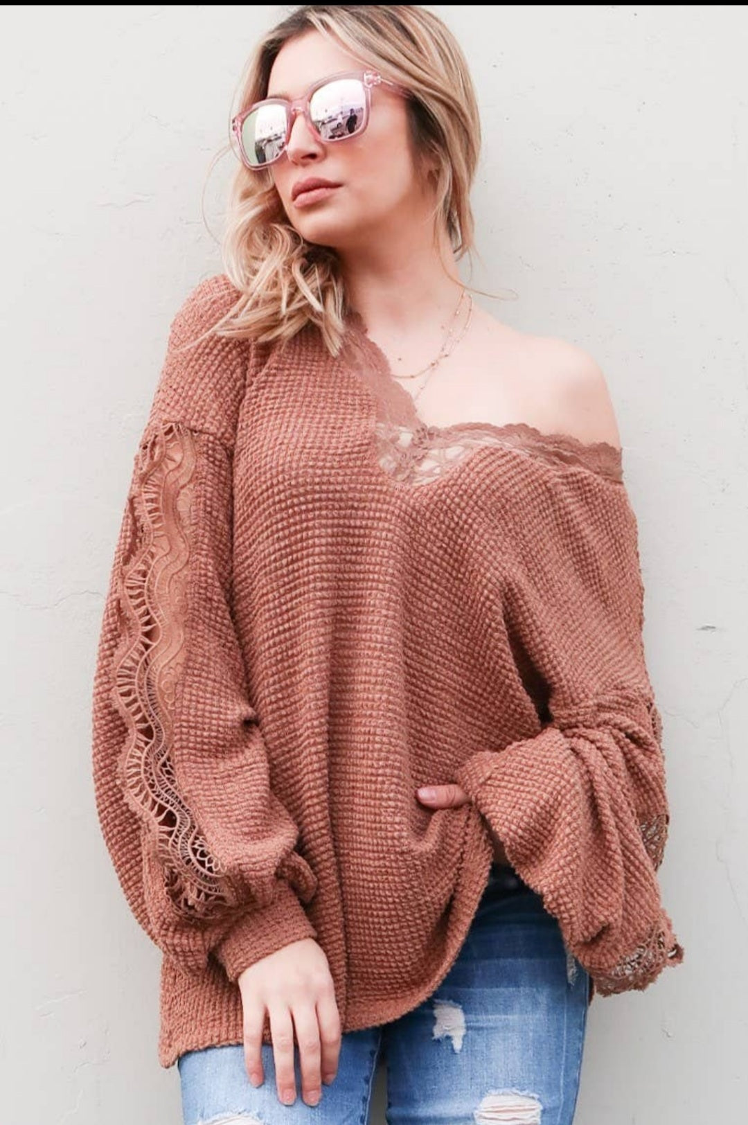 Waffle with Lace Detail Sweater